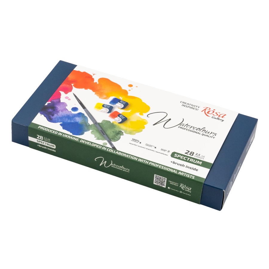 Набір акварельних фарб з пензлем SPECTRUM 25×2,5мл кювета Індіго металевий пенал ROSA Gallery Київ - фото 1