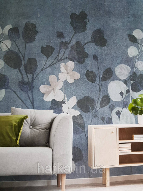 Шпалери вінілові Grandeco One roll one motif 2 A41701 панно листя гілки квіти на темно синьому під штукатурку Київ - фото 3