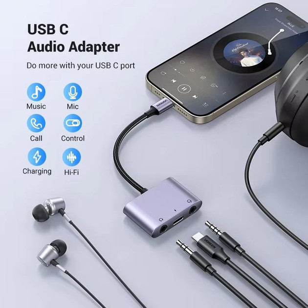 Адаптер UGREEN CM722 Перехідник USB C to USB C Dual 3.5mm AUX DAC chip PD 60W (25838) Николаев - изображение 3