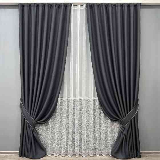 Комплект штор VR-Textil Льон Мішковина 100х270 2шт і Тюль 400х270 1161ш-1672т Графітовий з білим 71-163/2 Київ