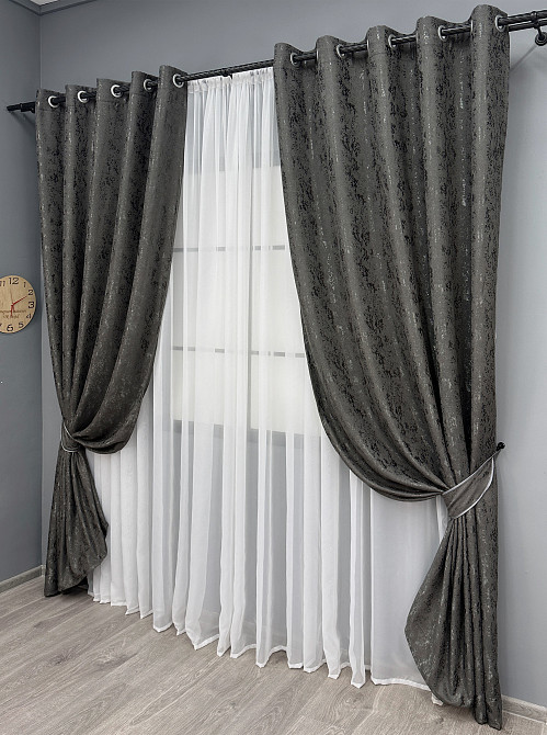 Комплект штор на люверсах VR-Textil Лен мрамор Pavliani № 1667ш Графитовый 150х250 см 2 шт (37-0170) Киев - изображение 3