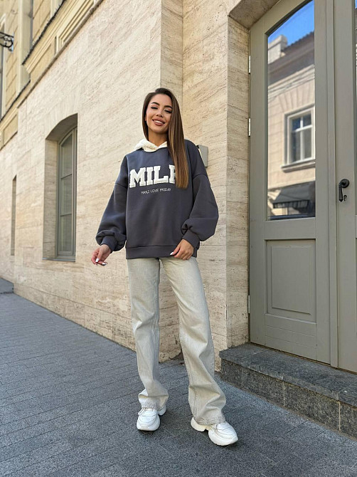 Женский стильный теплый свитшот тринитка на флисе (очень качественная)+трикотаж «Баранчик» Графит, 46/48 Одесса - изображение 5