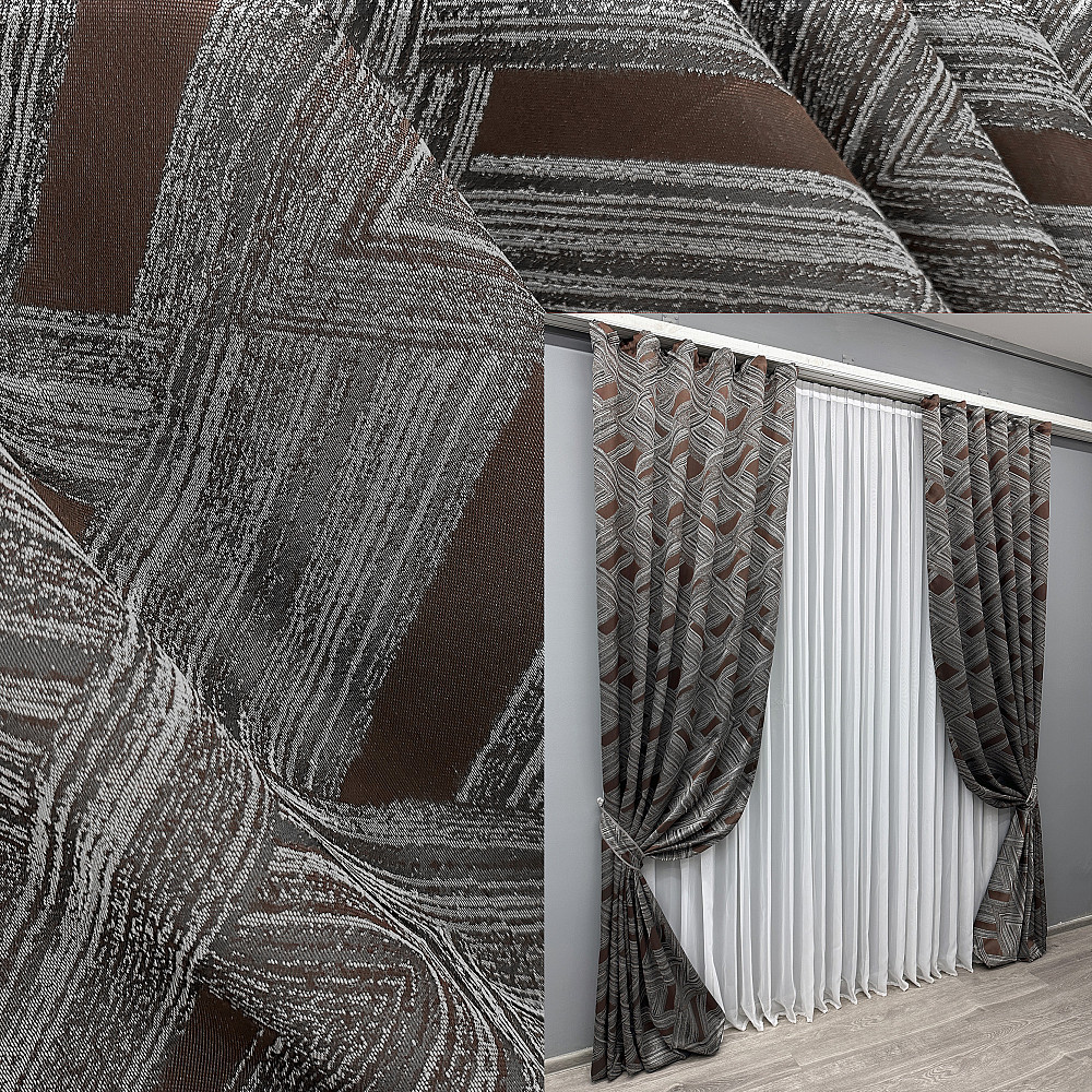 Комплект готовых штор VR-Textil Жаккард Mystery № 1623ш Серый с венге 150х290 см 2 шт (33-0524) Киев - изображение 1