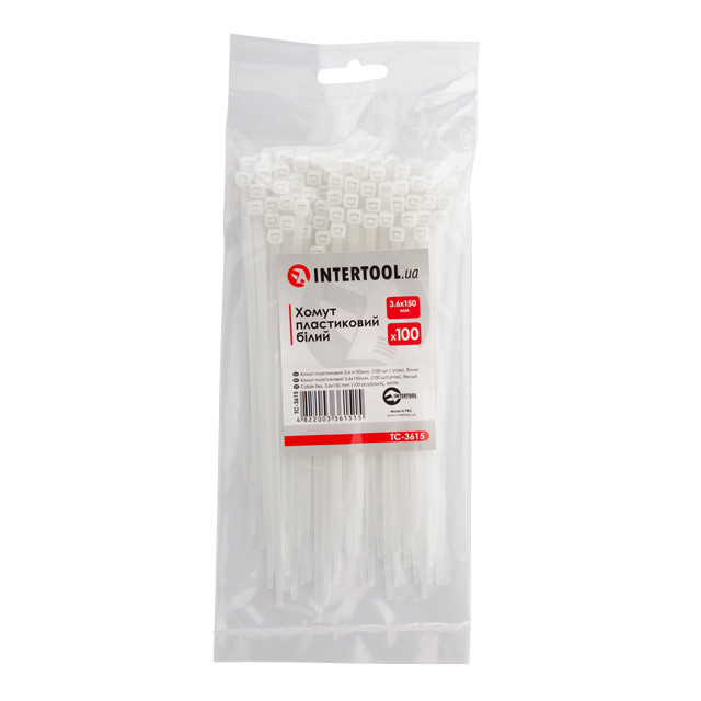 Хомут пластиковый, 3,6×150 мм, 100 шт/упак, белый INTERTOOL TC-3615 Киев - изображение 1