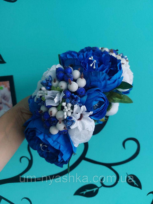 Ободок обруч з квітами "Піони великий жовто-синій" Кривий Ріг - фото 3