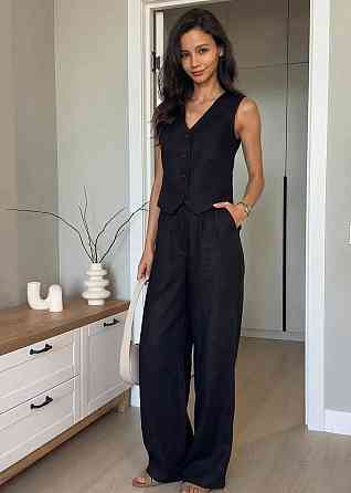 Жіночий стильний літній костюм-двійка льон Чорний, 46/48 Одеса