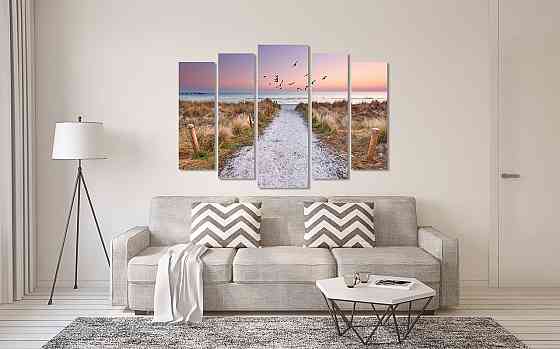 Модульна картина у вітальню/спальню Захід з чайками на березі океану   LM016_5 90х132 см Київ