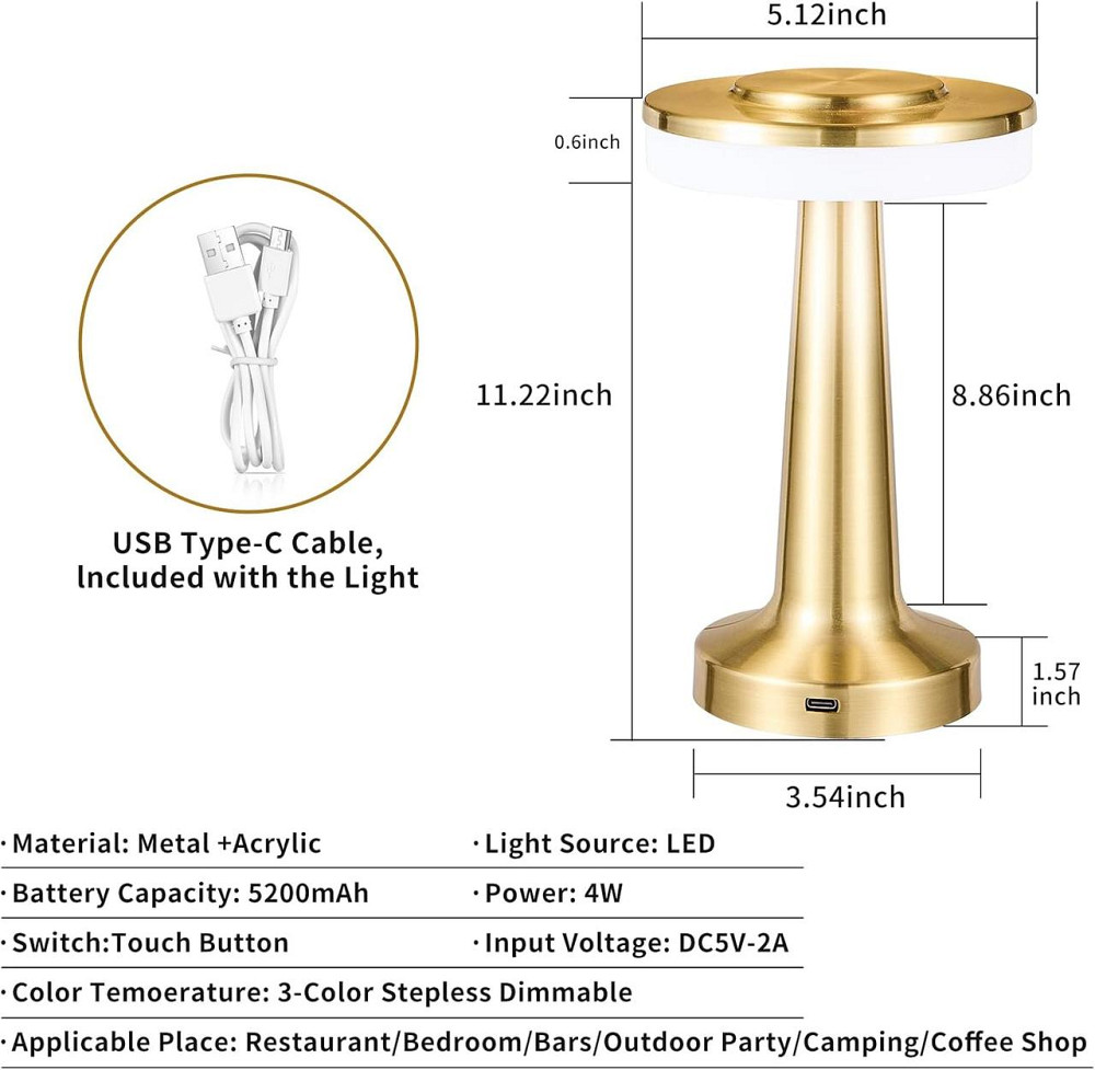 Настольная лампа LED сенсорная беспроводная аккумулятор 2600 мАч, 3 режима, золотая, для стола, офиса, спальни Киев - изображение 4