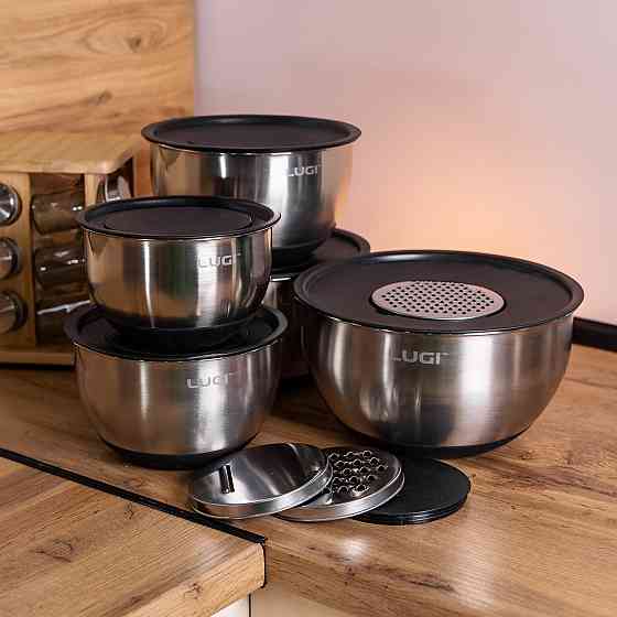 Набір мисок з нержавіючої сталі 5 штук з кришками і терками салатники з нержавійки 5/4/ 2.5/2/1 Киев