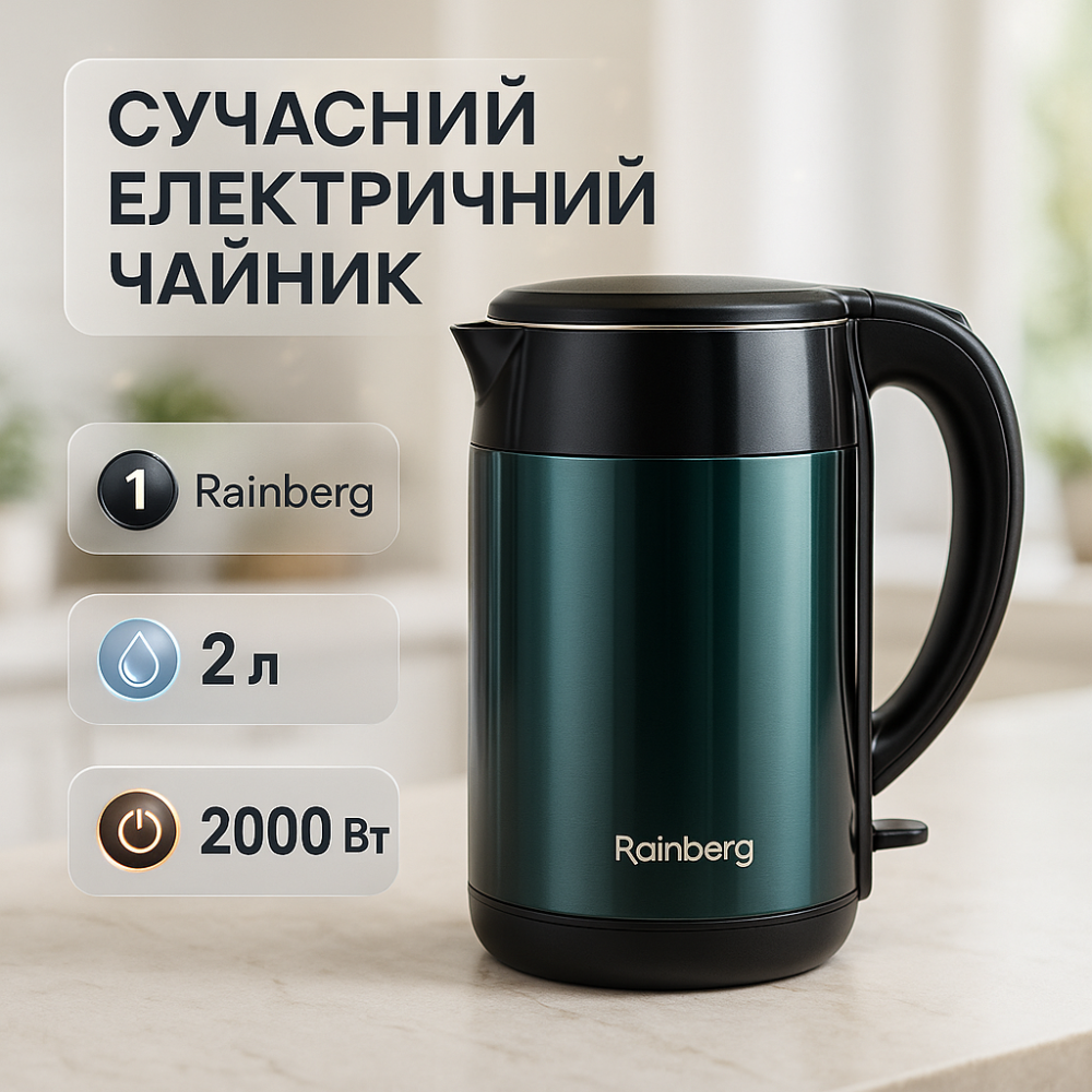 Якісний домашній чайник Rainberg RB-2246, Чайник металевий для дому Чайник для кави електронний NW-55 Львів - фото 8
