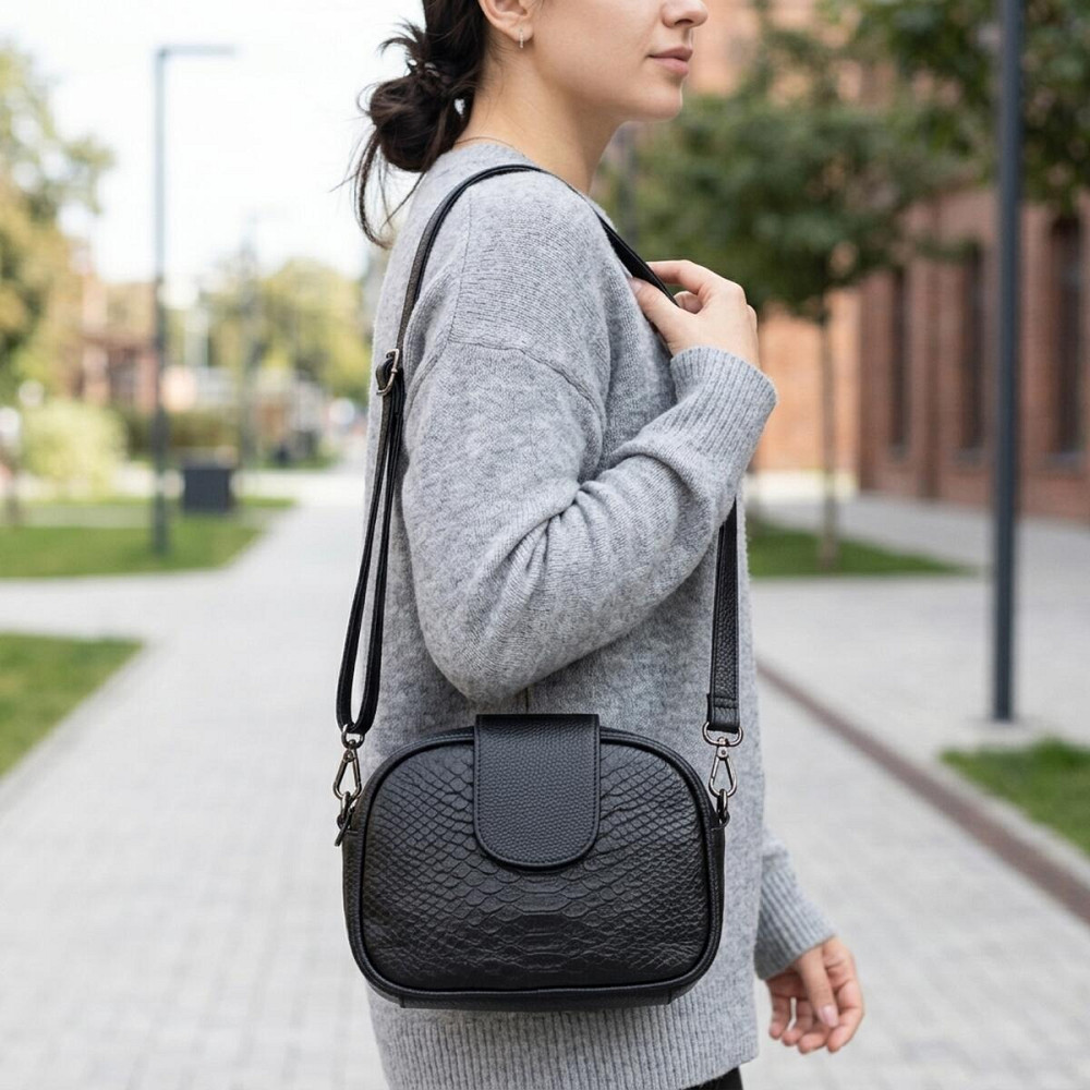 Фактурна сумка для жінок з натуральної шкіри з тисненням під змію Vintage 22354 Чорна Київ - фото 12