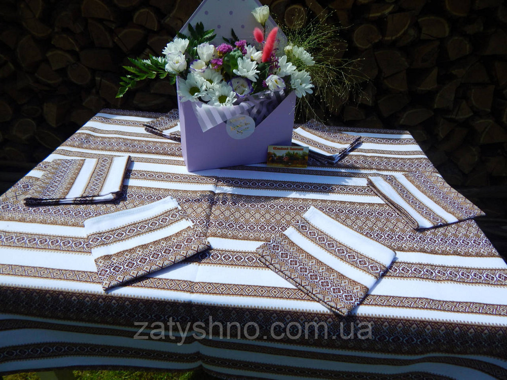 Вышитой столовый комплект: скатерть коричневая и 6 салфеток Киев - изображение 4