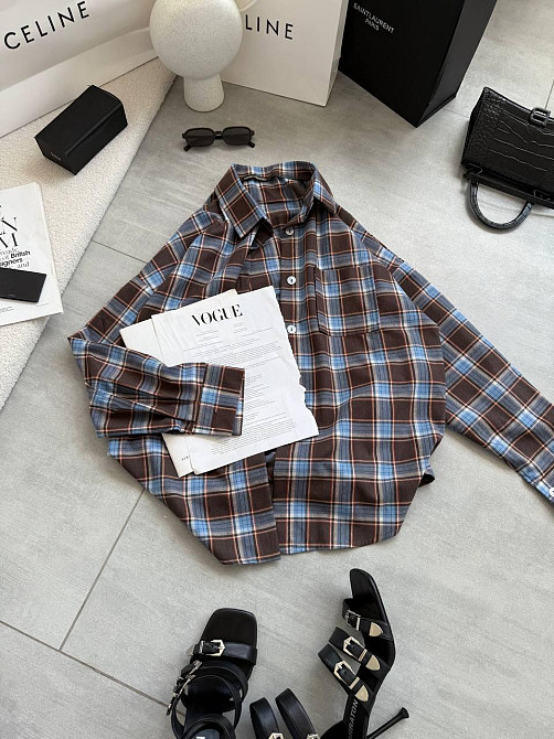 Женская стильная оверсайз рубашка в клетку фланель 100% коттон Синий Одесса - изображение 1