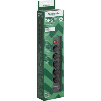 Сетевой фильтр питания Defender DFS 751, 1.8m, 5роз., 2xUSB (99751) Винница - изображение 4