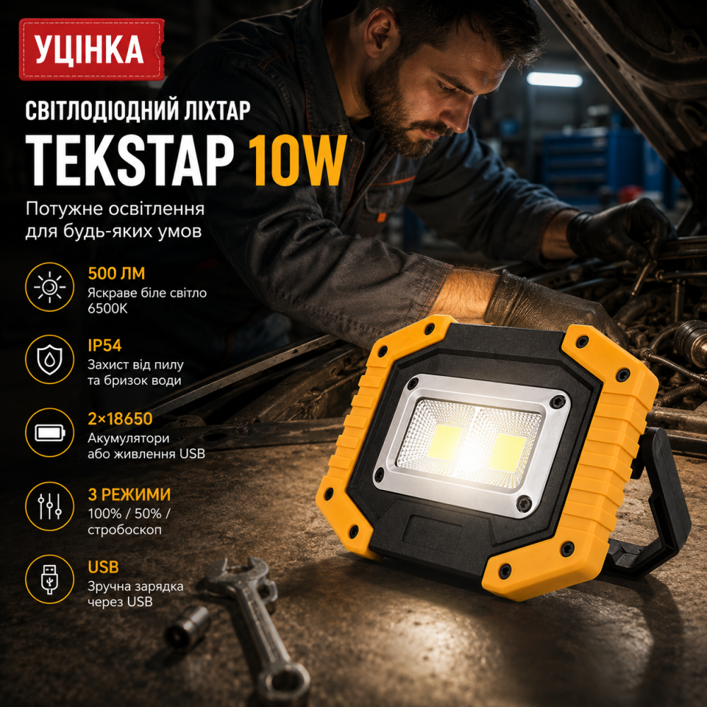 Уцінка Світлодіодний ліхтар Tekstap 10W 500 лм 6500K IP54, USB, акумулятори 18650, 3 режими, ручка-підставка Київ - фото 9