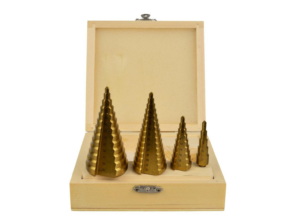 Свердла металу ступеневі "GEKO" [комплект 4шт] HSS-tyt  4,0-(12,0 / 20,0 / 32,0 / 39,0)мм в дерев'яному кейсі Киев - изображение 1