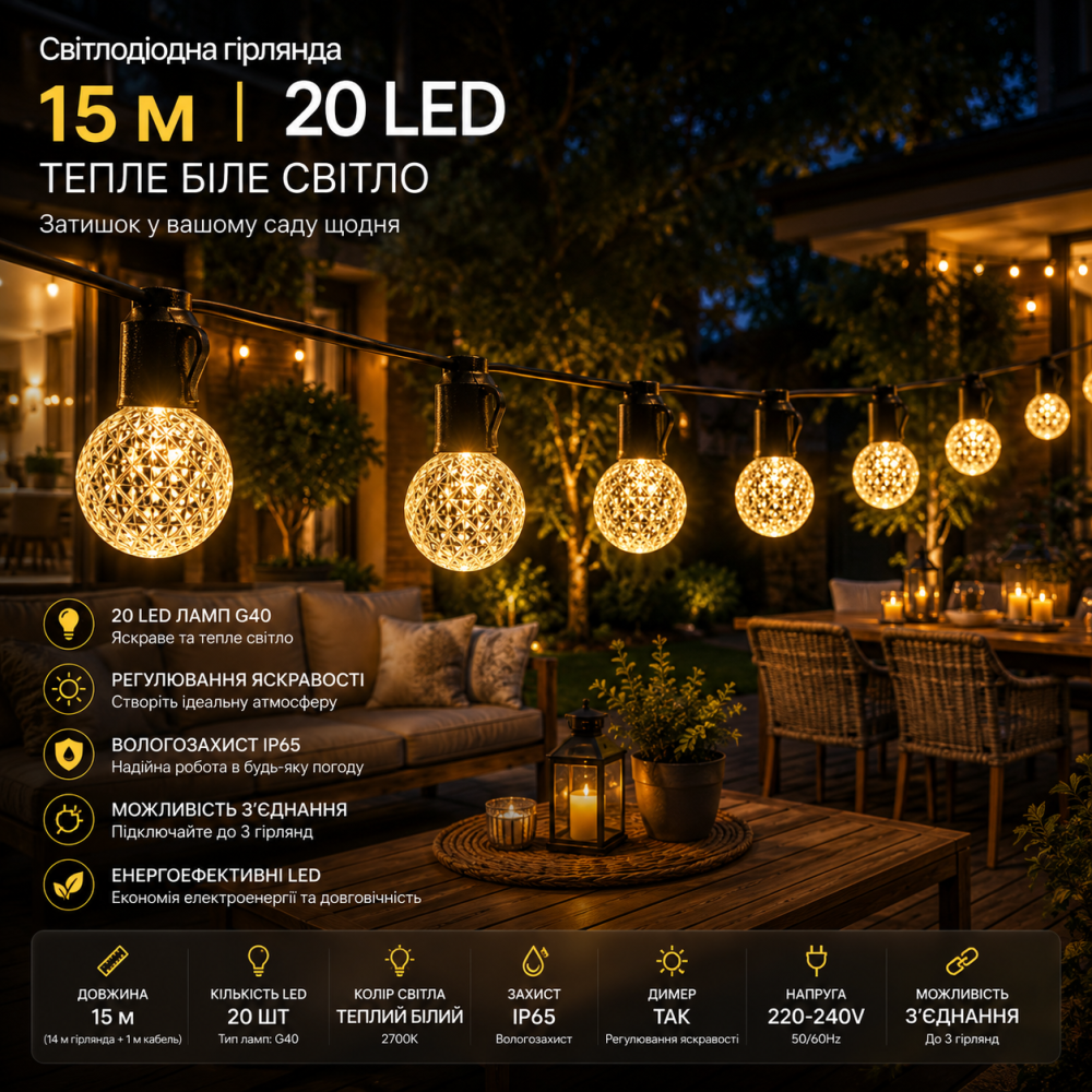 Світлодіодна гірлянда для вулиці 15 м 20 LED ламп G40, тепле біле світло, IP65, регулювання яскравості, для саду, тераси Київ - фото 14