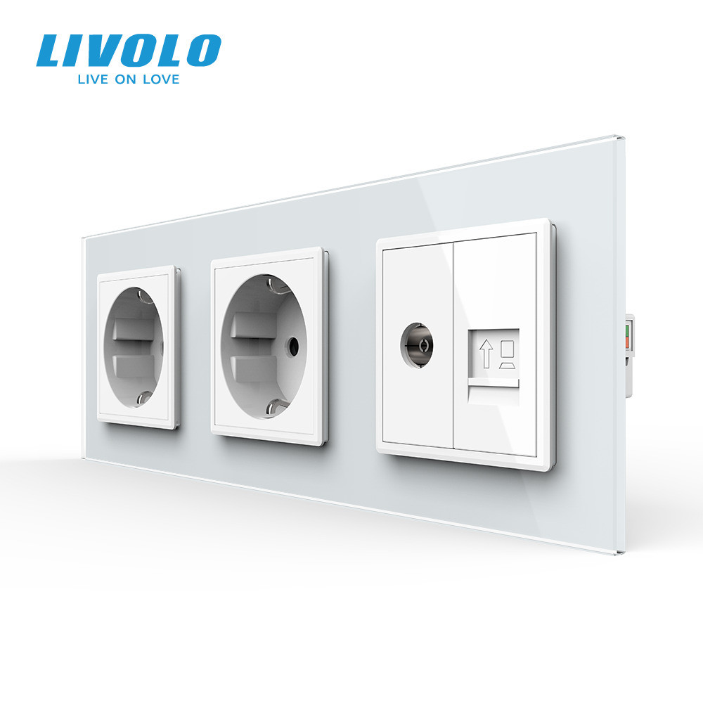 Розетка тримісна комбінована Силова Інтернет ТБ Livolo білий скло (VL-C7C2EU1C1V-11) Коломия - фото 1