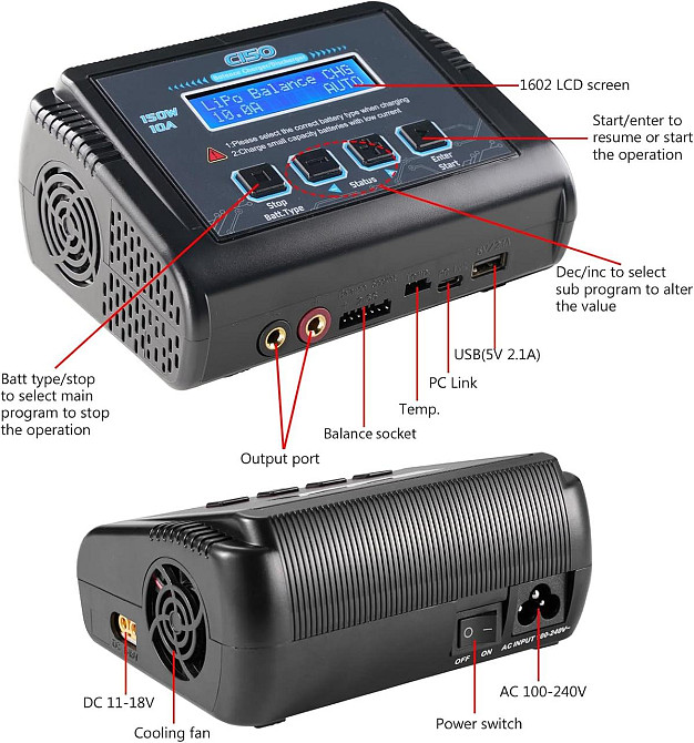 LiPo зарядний пристрій С150 150W 10A AC/DC з балансуванням та підтримкою Li-ion/LiFe/NiMH/NiCd/LiHV/Pb акумуляторів BMS контролер Київ - фото 4