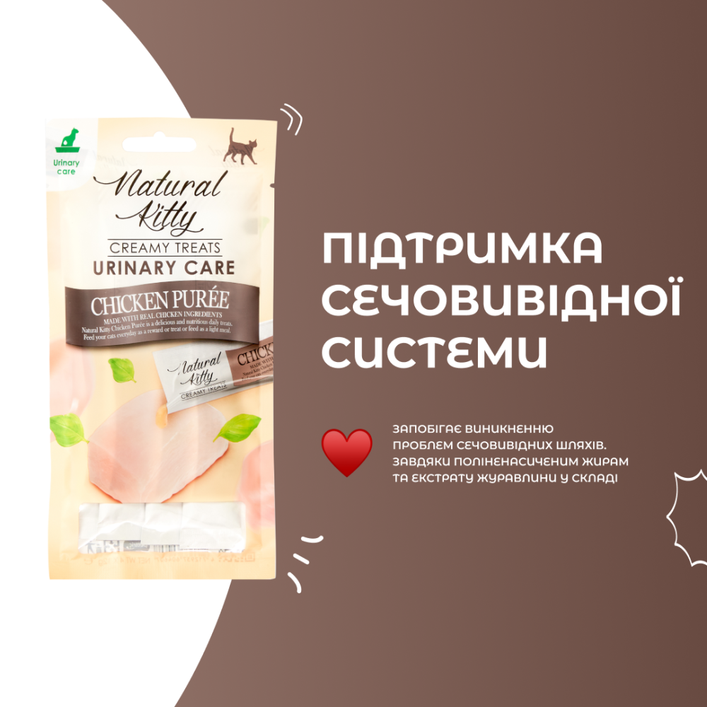 Крем-снек для кішок Natural Kitty Fuctional Treat Chicken Puree Urinary Care куряче пюре (догляд за сечовивідними шляхами) 4 х12 г Вінниця - фото 2