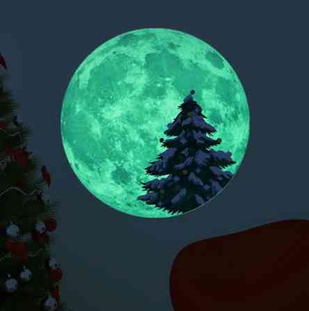 Новогодняя наклейка люминесцентная Луна с елкой 30 см желтый Киев