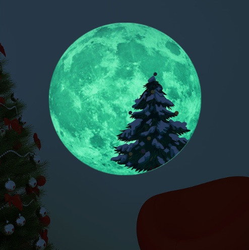 Новогодняя наклейка люминесцентная Луна с елкой 30 см желтый Киев - изображение 1