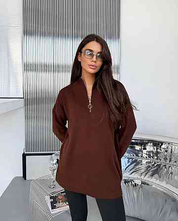 Жіночий стильний подовжений оверсайз светр зі змійкою в'язання 50% котон/50% акрил Шоколад Одеса