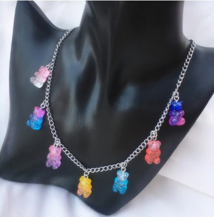 Намисто ведмедики, різнобарвне з блискітками - довжина 48см, смола, цинковий сплав Київ - фото 1