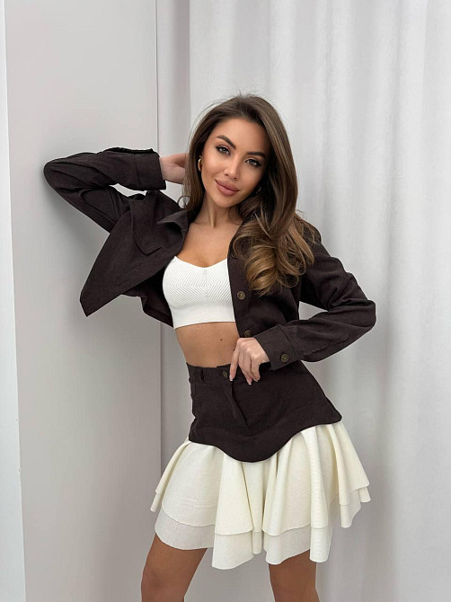 Женский стильный костюм двойка: жакет и юбка микро-вельвет + трикотаж рубчик Шоколад, 42 Одесса - изображение 1