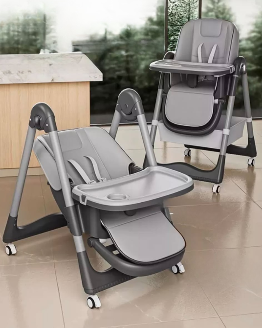 Дитячий стільчик для годування з підставкою для ніжок стілець з регульованою спинкою та стільницею дитяче крісло сіро-чорне Київ - фото 9