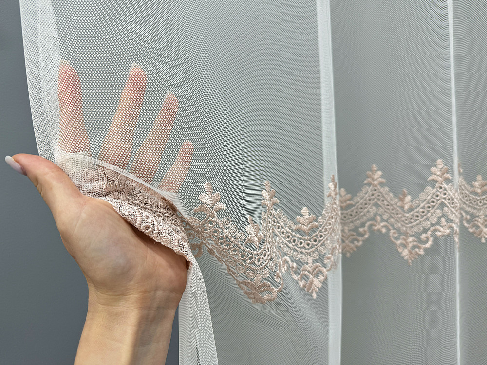 Тюль VR-Textil 1469т Грек-сетка с вышивкой Молочный с пудровым 300х270 см (40-004) Киев - изображение 5