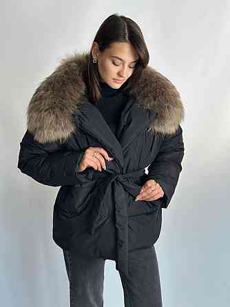 Жіночий зимовий чорний пуховик Aria Raccoon з натуральним хутром єнота 44 Харків
