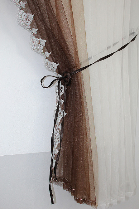 Кухонные шторки VR-Textil № 100к с подвязками белый с венге 490х170 см (50-830) Киев - изображение 3