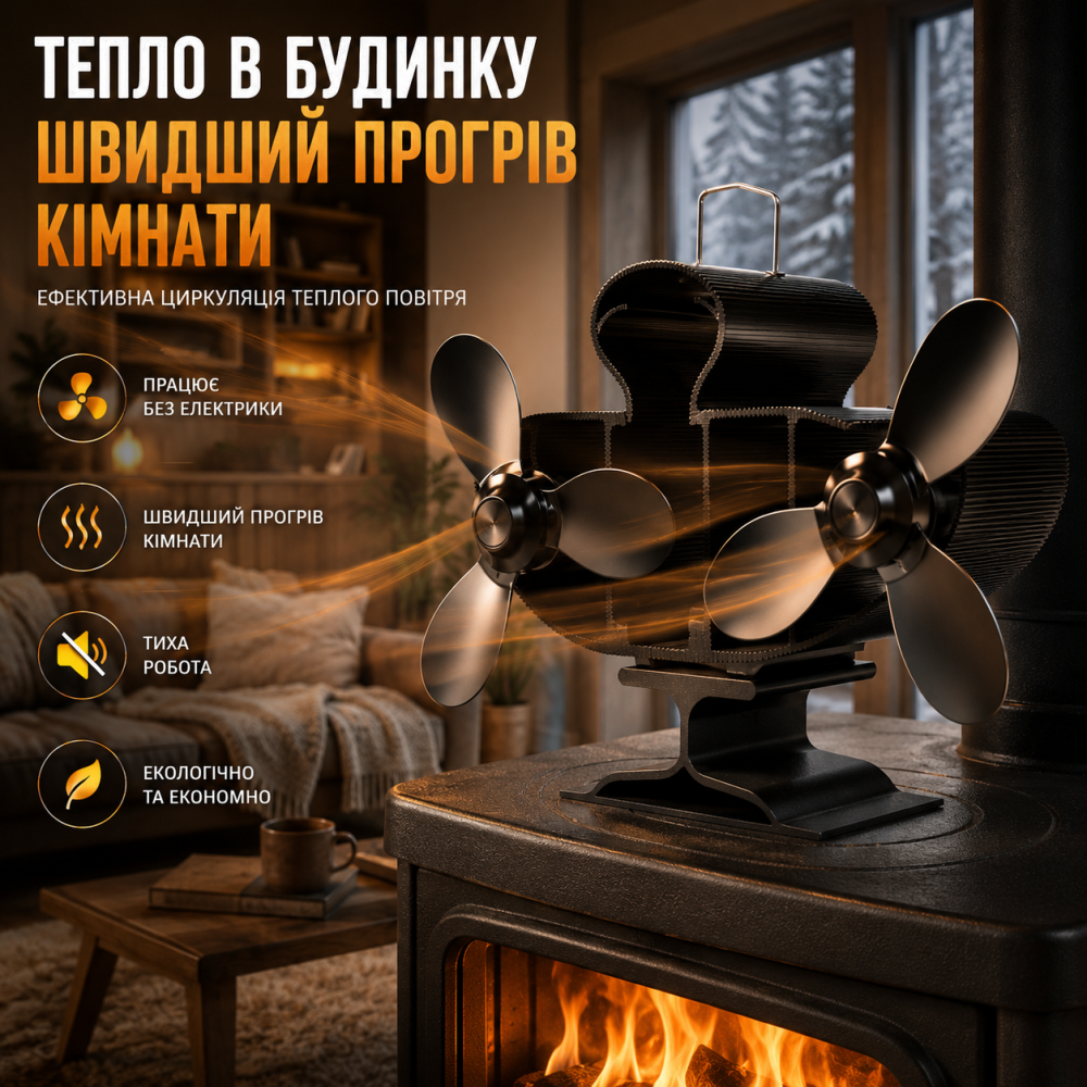 Каминный вентилятор для печи VonHaus экологический термоэлектрический двойной на 6 лопастей для дровяных каминов Черный Киев - изображение 2