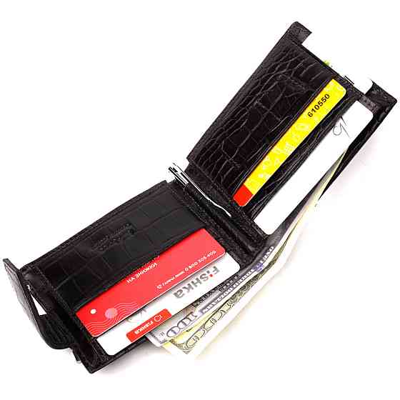 Функціональний чоловічий затиск із натуральної лакованої фактурної шкіри під крокодила Коричневий (KARYA) Київ