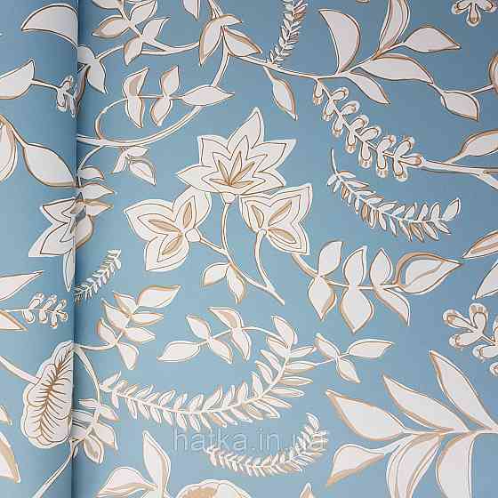 Шпалери вінілові на флізелін Caselio Mystery 0.53х10 м дитячі яскраві квіти листя білі золотисті на блакитному Київ