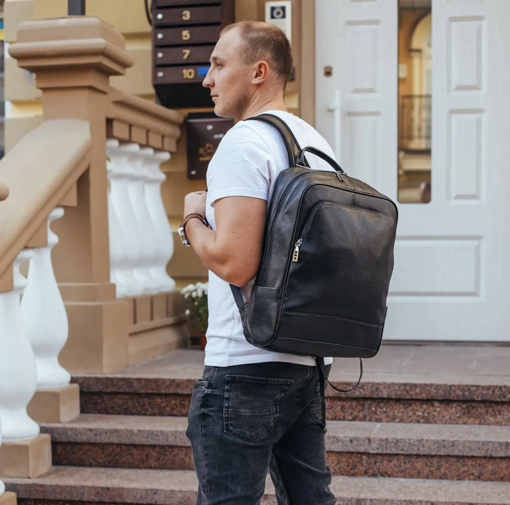 Мужской рюкзак кожаный городской для ноутбука 28х40х14, сумка на спину для студента Tiding Bag, черная Киев - изображение 7