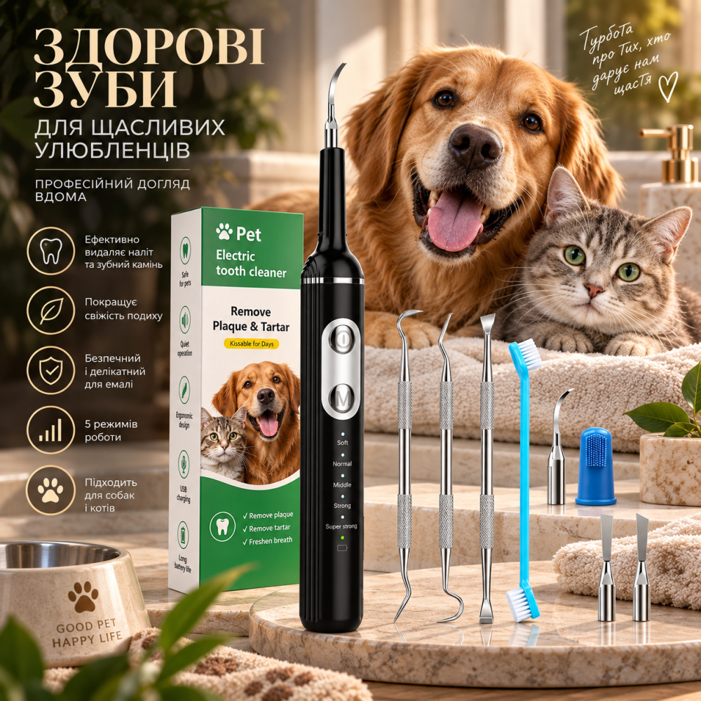 Ультразвуковой скалер для собак Stim-U-Dent, удаление налета, 5 режимов, LED, 4 насадки, USB-C, IPX6 Киев - изображение 1