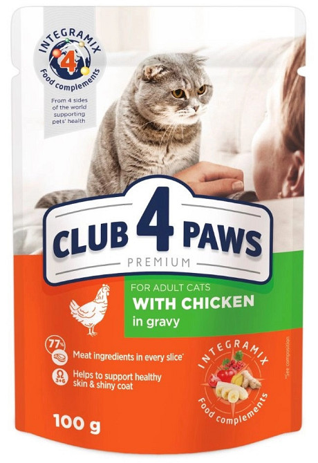 Повнораціонний консервований корм для кішок CLUB 4 PAWS (Клуб 4 Лапи) Преміум з куркою в соусі, 85 г Вінниця - фото 2