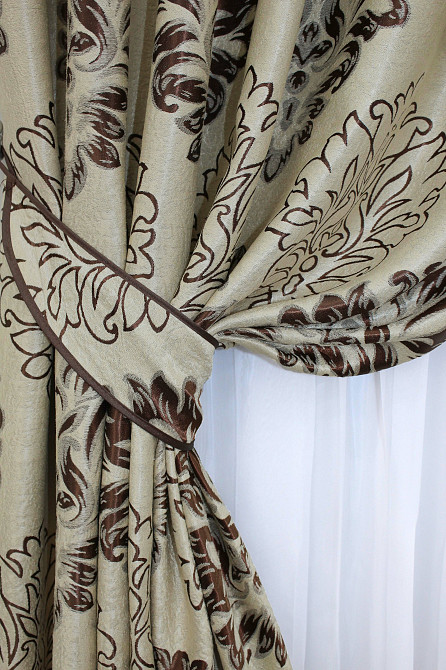 Комплект готовых штор VR-Textil Блэкаут-софт Корона № 1274ш(Б) Бежевый с коричневым 100х270 см 2шт (31-602) Киев - изображение 4