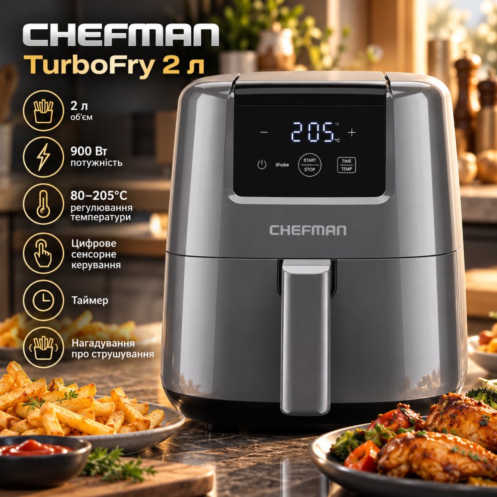 Аерофритюрниця Chefman TurboFry 2 л, 900 Вт, 80–205°C, цифрове сенсорне керування, таймер, нагадування про струшування, сіра Київ - фото 1