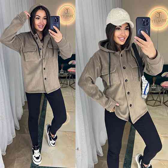 Женская теплая рубашка на пуговицах с капюшоном и двумя накладными карманами турецкий плотный флис Бежевый, 46/48 Одесса