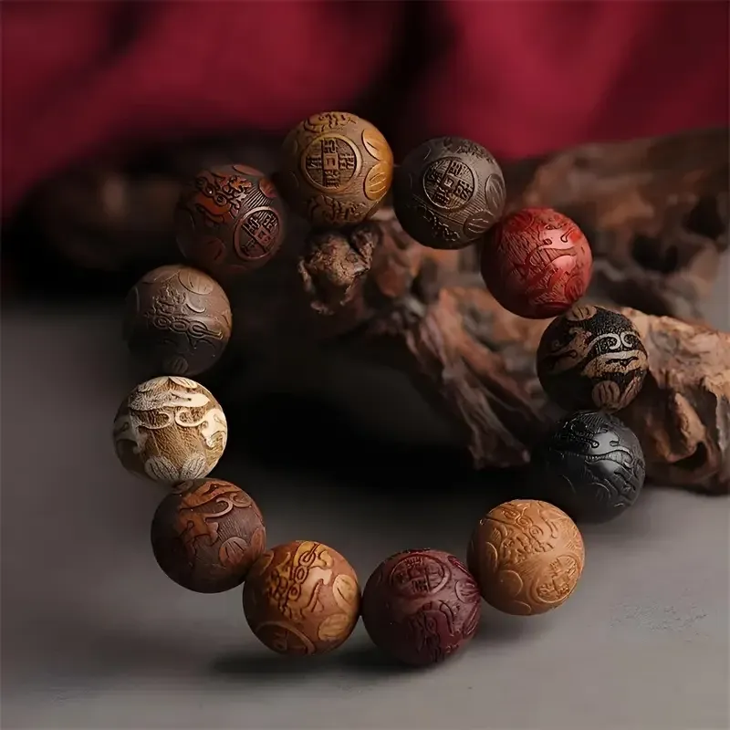 Браслет «Счастливые Деньги» — натуральное дерево, бусины 20 мм, гравировка монет, на резинке, унисекс Киев - изображение 5