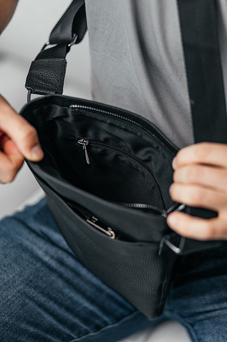 Чоловіча барсетка, чорна сумка через плече з натуральної шкіри, класичний месендджерMasterSem Київ - фото 4