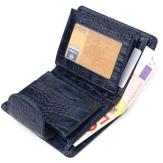 Практичный вертикальный женский кошелек из натуральной кожи с тиснением под крокодила Синий (CANPELLINI) Киев