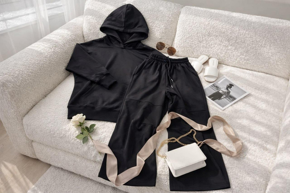 Жіночий стильний повсякденний костюм-двійка з якісної двонитки на рибані Чорний, 46 Одеса - фото 7