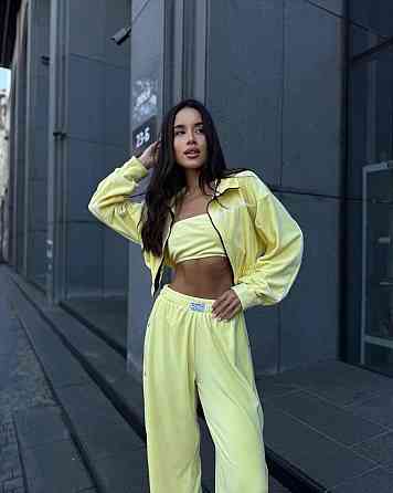 Женский теплый стильный костюм тройка из мягкого велюра. Лимонный, 42/44 Одесса