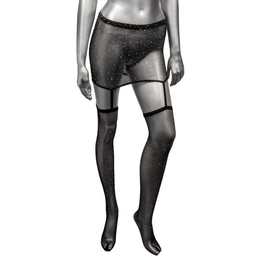 Пояс-спідниця із панчохами у сітку зі стразами Calexotics Garter Skirt Thigh Highs, чорний Sex Aura Київ - фото 2