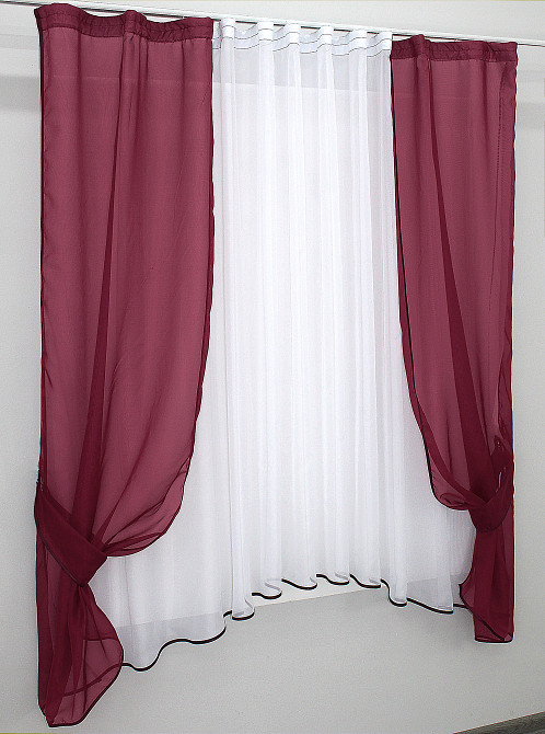 Кухонний комплект VR-Textil № 051к тюль і шторки з підв'язками бордовий з білим 280х170 см (50-437) Київ - фото 2