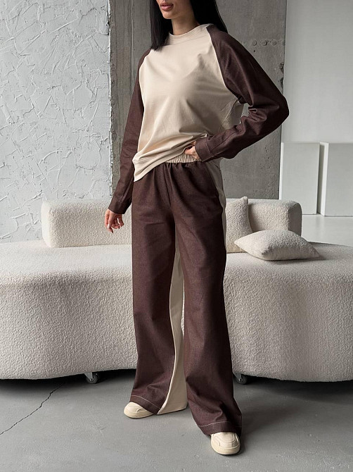 Жіночий ефектний комбінований костюм двійка: кофта і штани джинс котон + турецька двунитка Одеса - фото 1